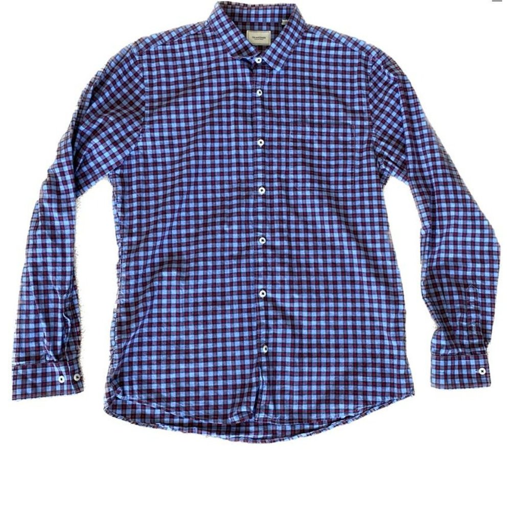 7Diamonds Blue Red (Red Moon) Plaid Button Shirt Size Large Casual